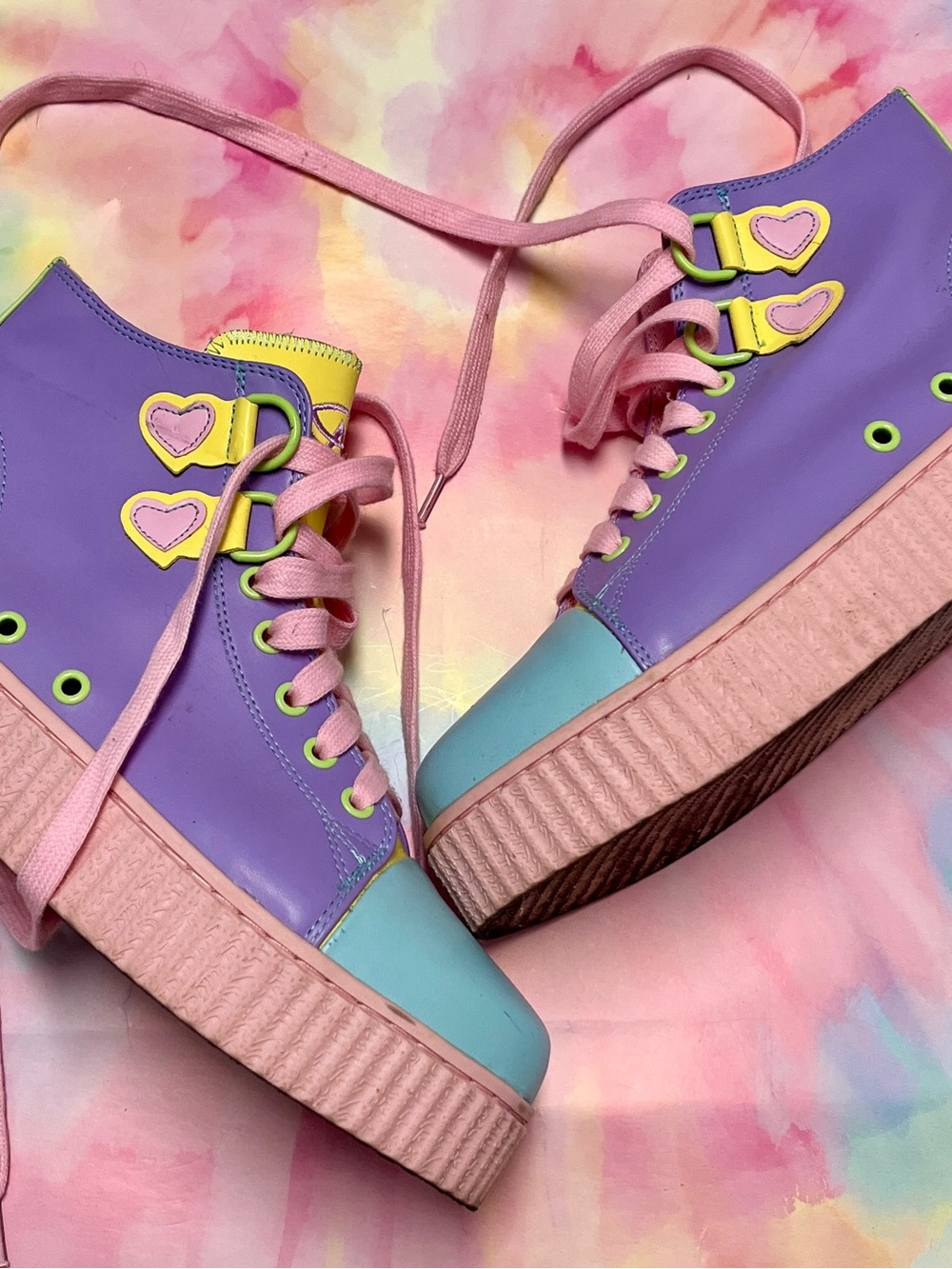 Strange Cvlt Rainbow Hearts Pastel Lavender & Pink Platform High Top Sneaker
